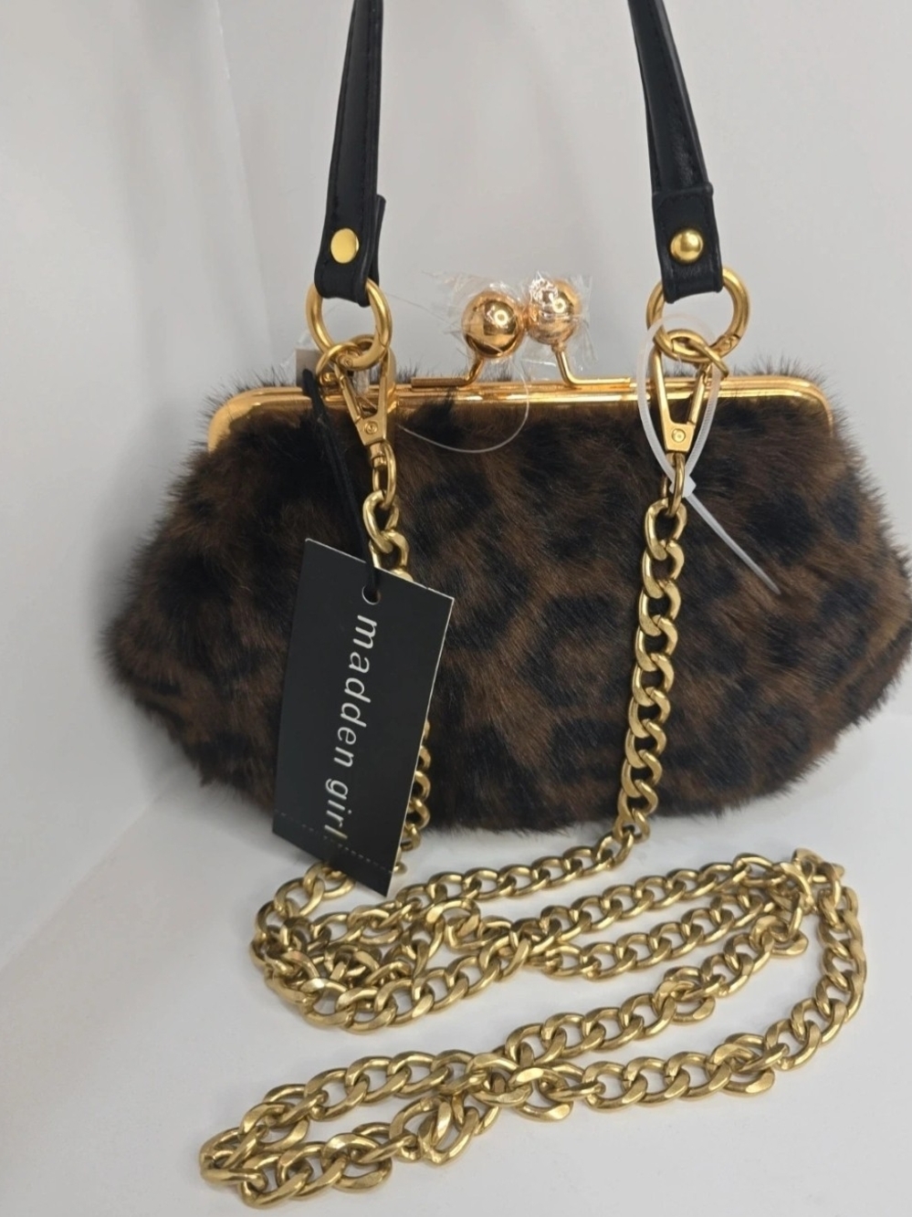 🖤▪️Madden Girl ▪️Leopard Faux Fur Frame Bag with Gold Chain - Brown/Black